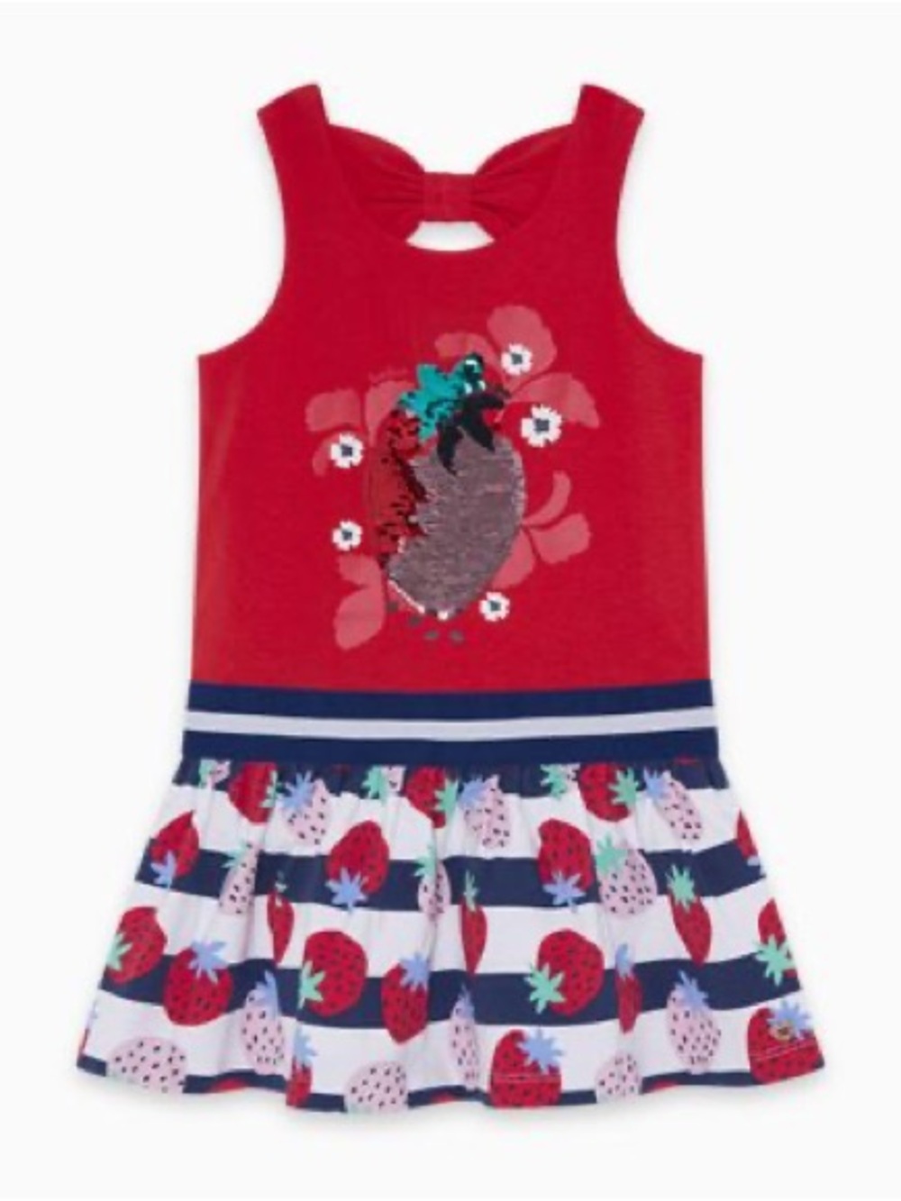 Girls Red Strawberry Tank Dress with Decorative Sequin Motif